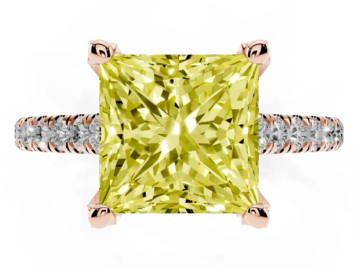 Fancy Yellow Princess Cut Brilliant Diamond Solitaire with Pavé Band and Four-Prong Setting Rose gold