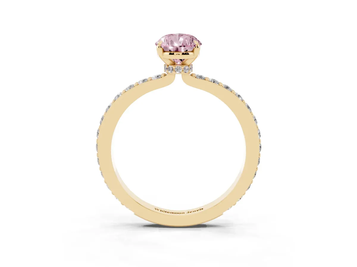 Fancy Pink Pear Cut Diamond Pavé Engagement Ring with Round Accents and Prong Setting Yellow gold