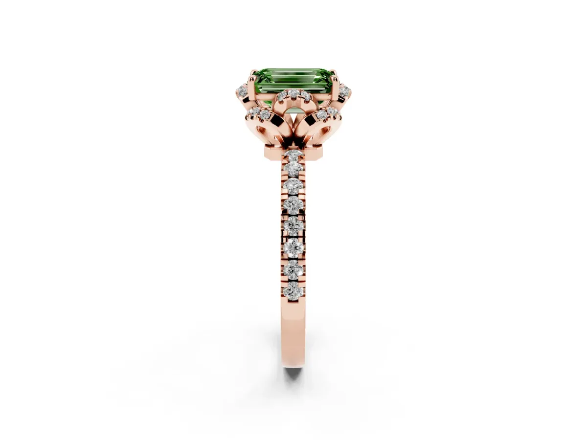 Fancy Green Emerald Cut Halo Diamond Pave Band Ring with Four-Prong Setting Rose gold