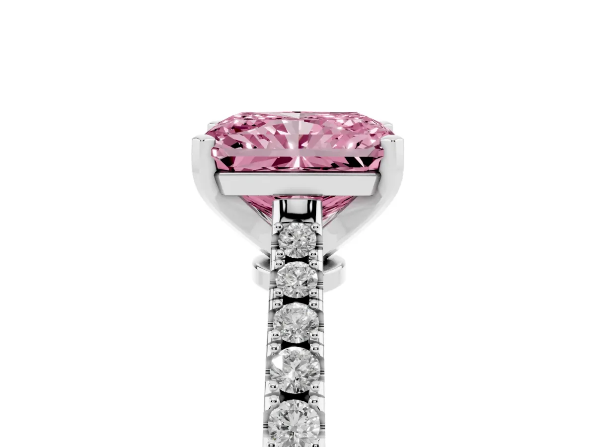 Fancy Pink Radiant Cut Cut Solitaire Diamond Engagement Ring with Pave Band and Four-Prong Setting Platinum