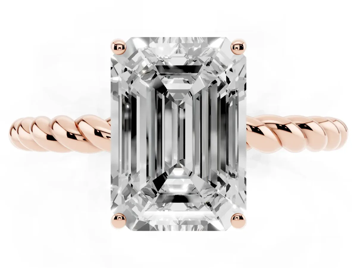 Emerald Cut Solitaire Twist Band Ring with Four-Prong Setting Rose gold