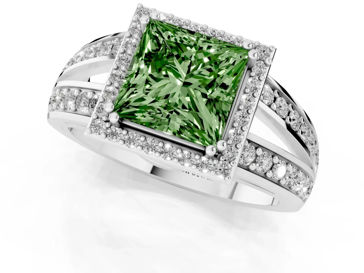 Fancy Green Princess Cut Diamond Halo Ring with Split Shank Pavé Band and Four-Prong Setting Platinum