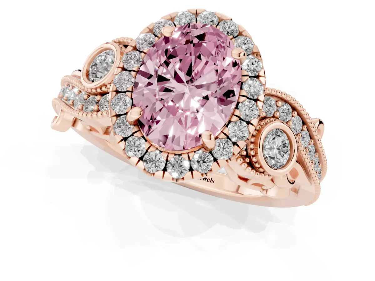 Fancy Pink Oval Cut Diamond Halo Ring with Milgrain Pavé Band and Four-Prong Setting Rose gold