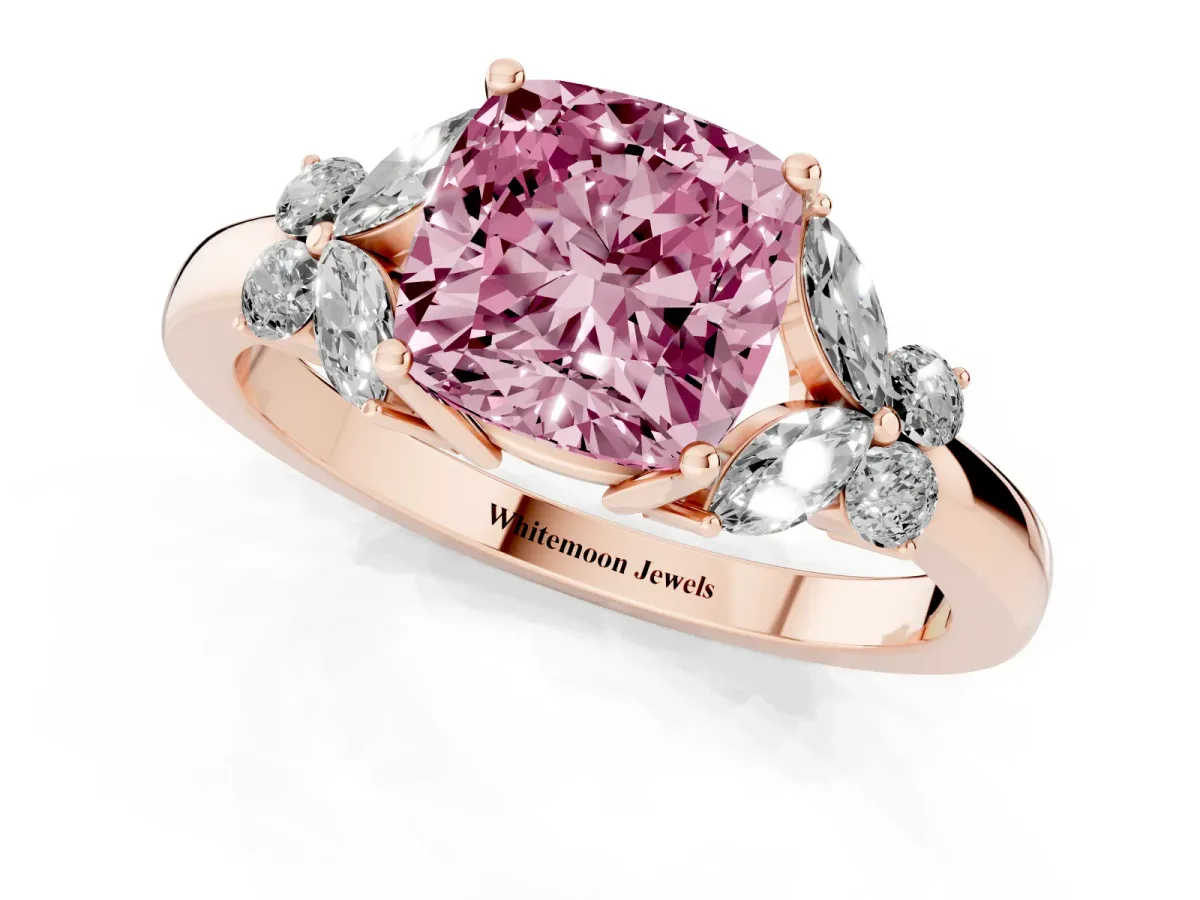 Fancy Pink Cushion Cut Cut Solitaire Floral Diamond Ring with Four-Prong Setting Rose gold
