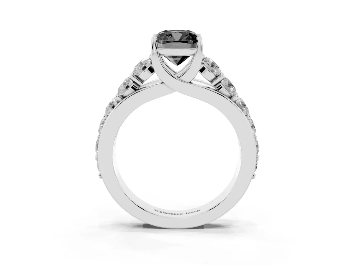 Fancy Black Cushion Cut Diamond Engagement Ring with Pavé Band and Four-Prong Setting Platinum