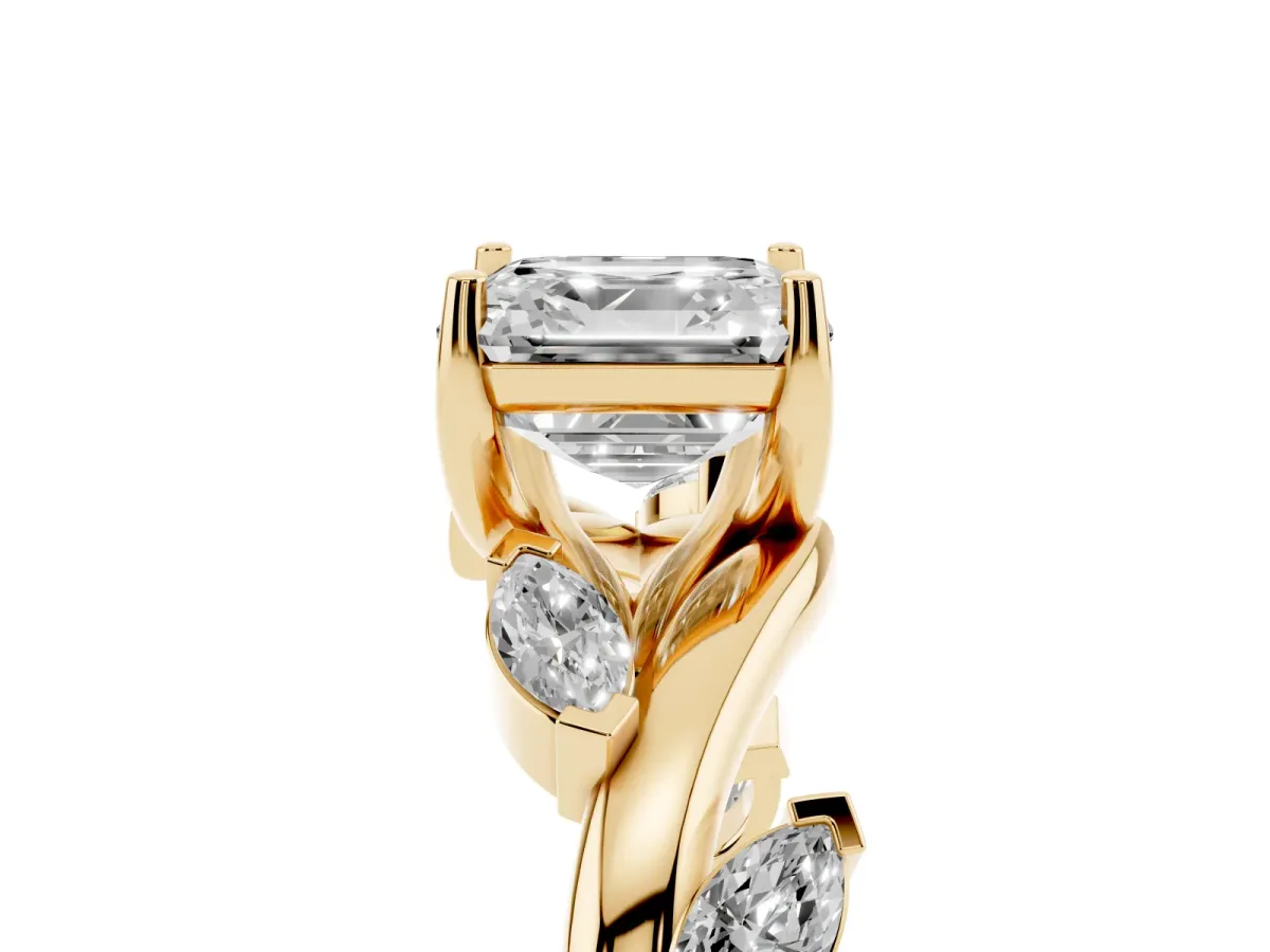 Asscher Cut Solitaire Twisted Band Marquise Accent Prong Setting Ring Yellow gold