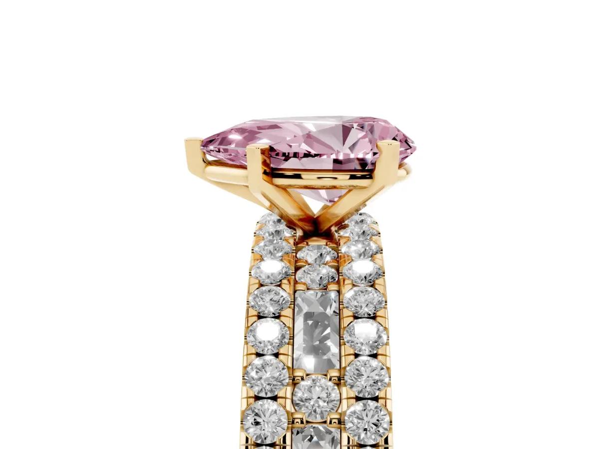 Fancy Pink Pear Cut Diamond Solitaire Ring with Pavé and Channel Set Band Yellow gold