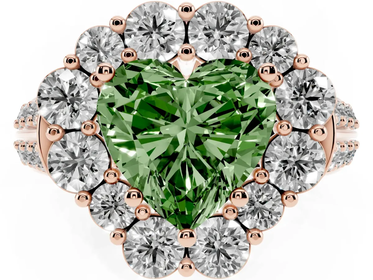 Fancy Green Heart Cut Halo Diamond Engagement Ring with Split Shank and Prong Setting Rose gold