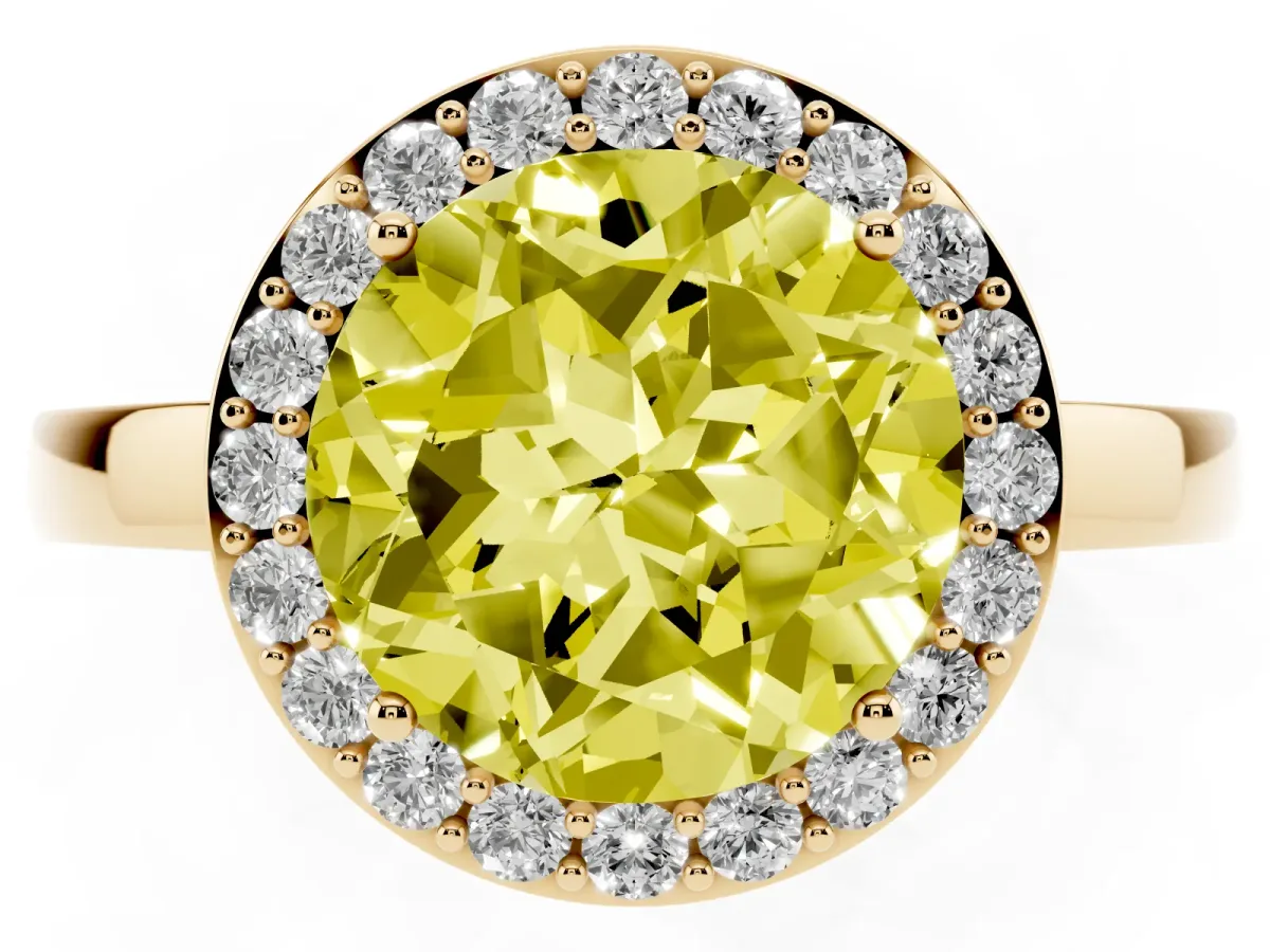 Fancy Yellow Round Cut Halo Diamond Ring with Solitaire Band and Prong Setting Yellow gold