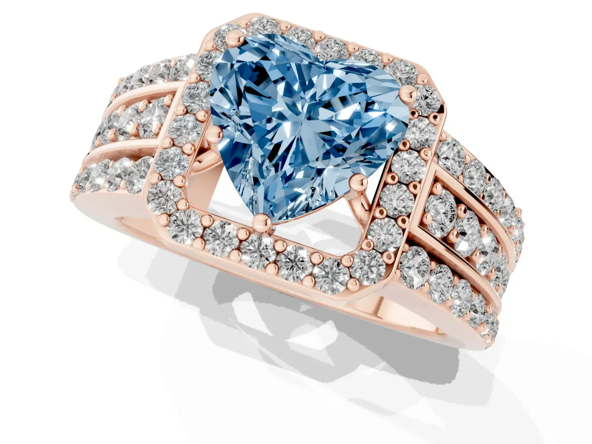 Fancy Blue Heart Cut Halo Diamond Ring with Round Split Shank and Prong Setting Rose gold
