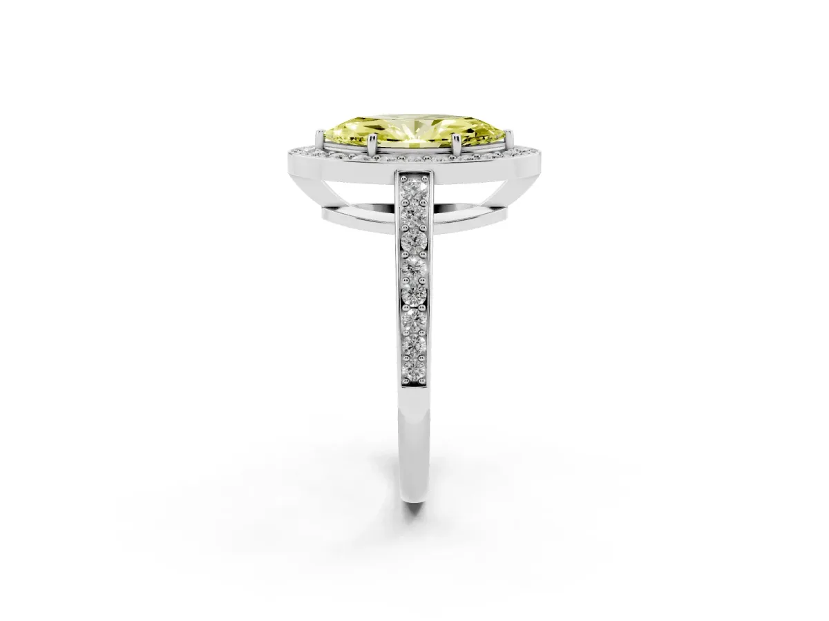 Fancy Yellow Marquise Cut Halo Pavé Diamond Engagement Ring with Bezel Setting Silver