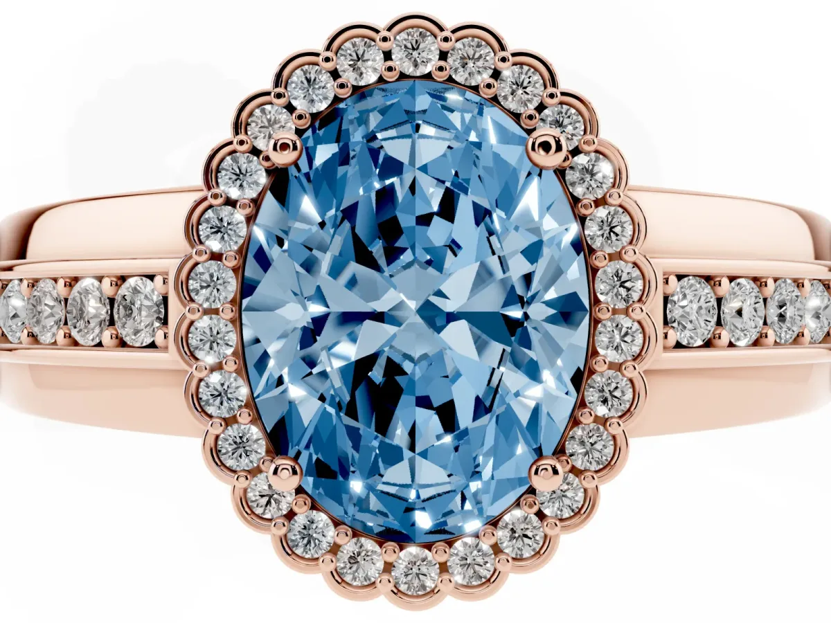 Fancy Blue Oval Cut Cut Halo Pave Band Four-Prong Ring Rose gold