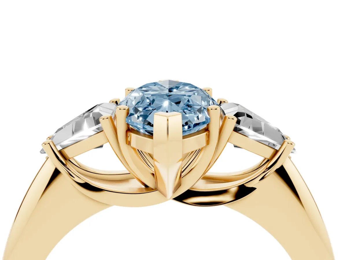 Fancy Blue Three-Stone Marquise Cut Diamond Engagement Ring with Trillion Side Stones and Prong Setting Yellow gold