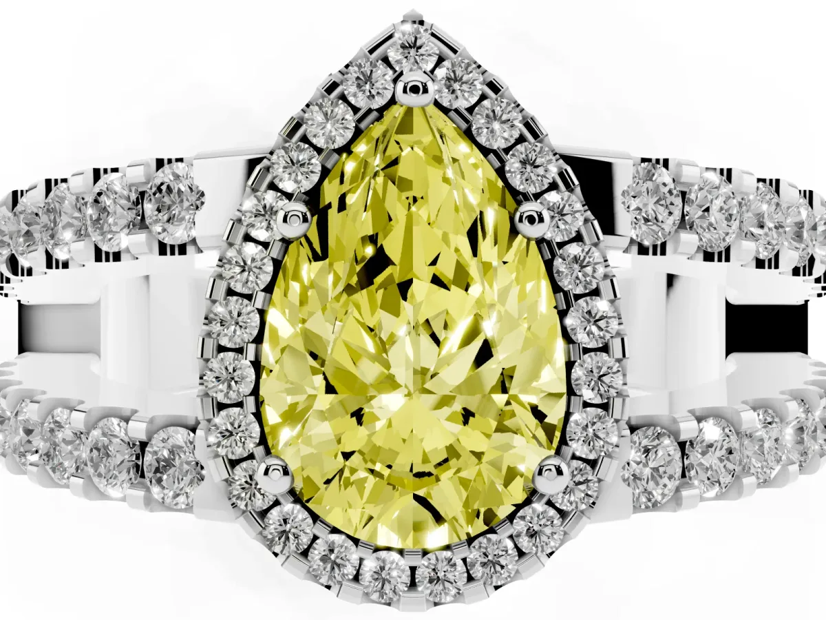 Fancy Yellow Pear Cut Cut Halo Split Shank Diamond Ring with Four-Prong Setting Platinum