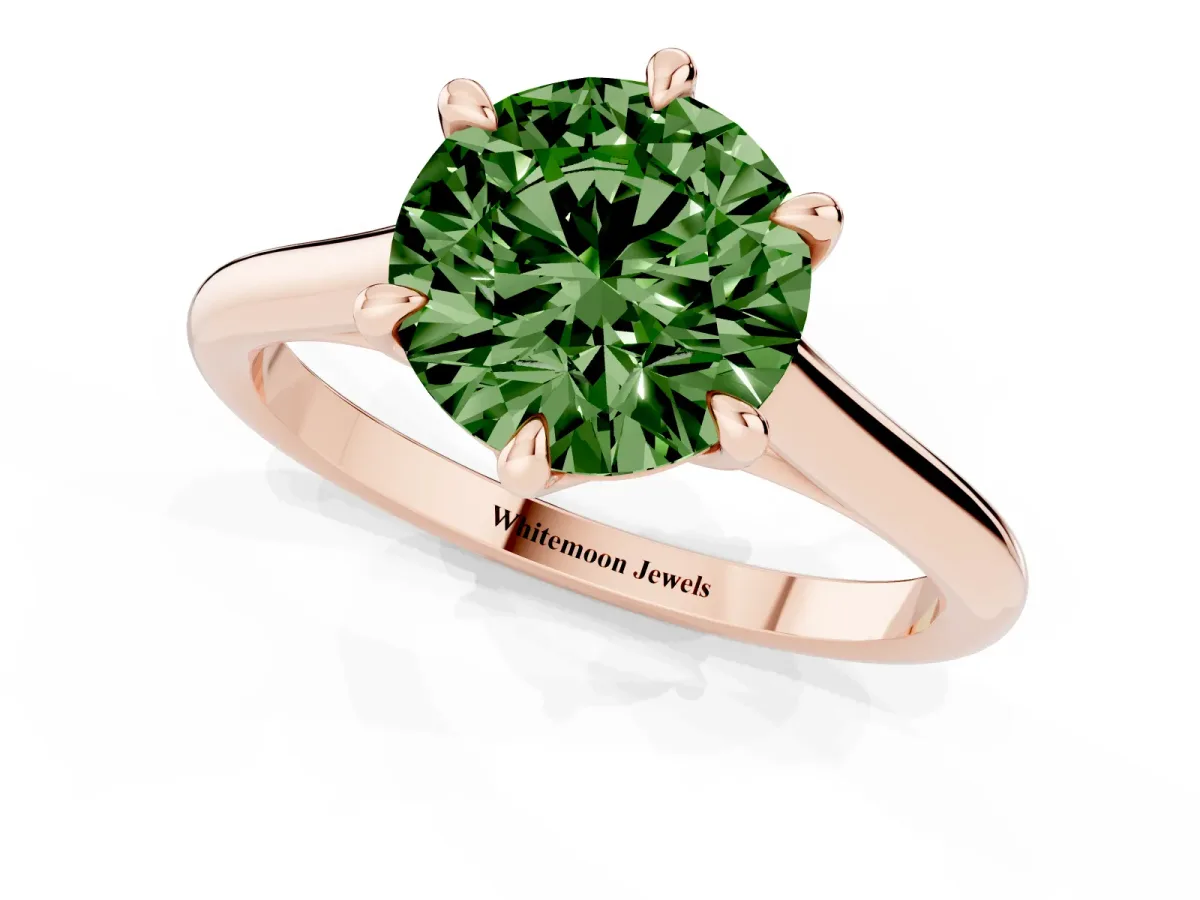 Fancy Green Round Cut Solitaire Engagement Ring with Six-Prong Setting and Classic Band Rose gold