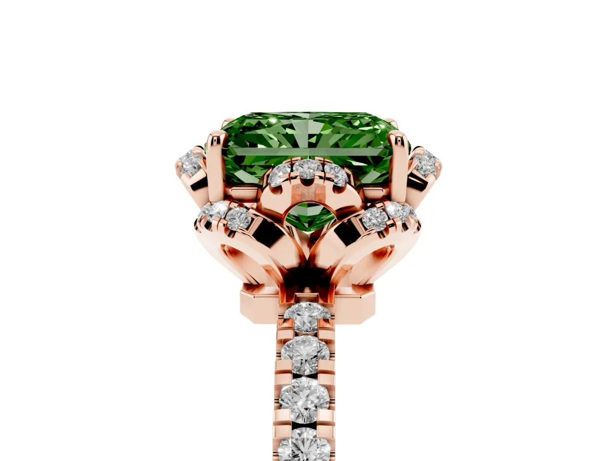 Fancy Green Radiant Cut Halo Diamond Pave Band Ring with Four-Prong Setting Rose gold