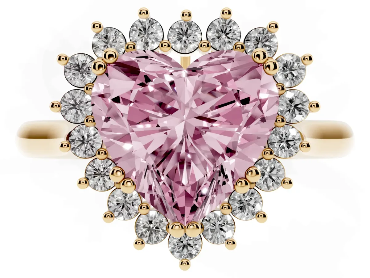 Fancy Pink Heart Cut Cut Diamond Halo Ring with Solitaire Band and Prong Setting Yellow gold