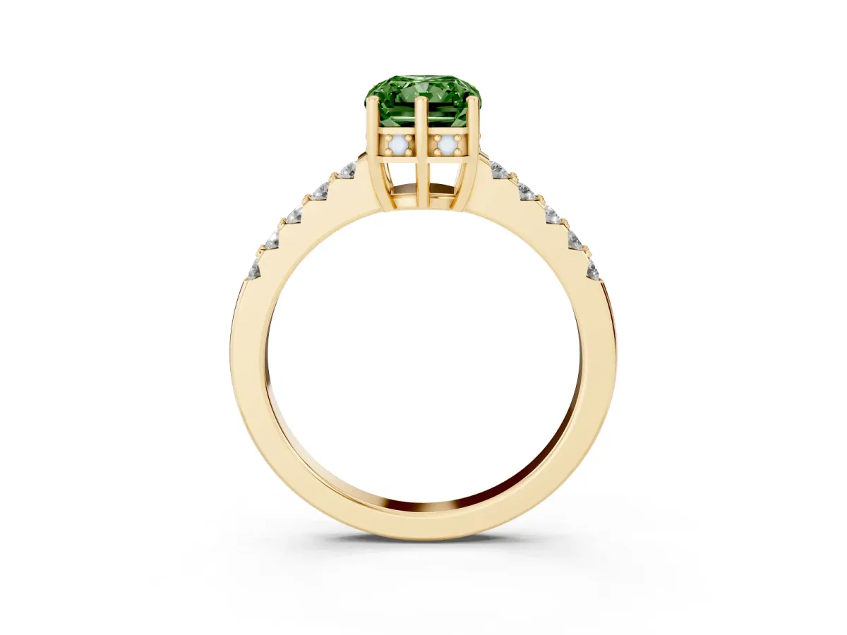 Fancy Green Radiant Cut Solitaire Diamond Engagement Ring with Pavé Band and Six-Prong Setting Yellow gold