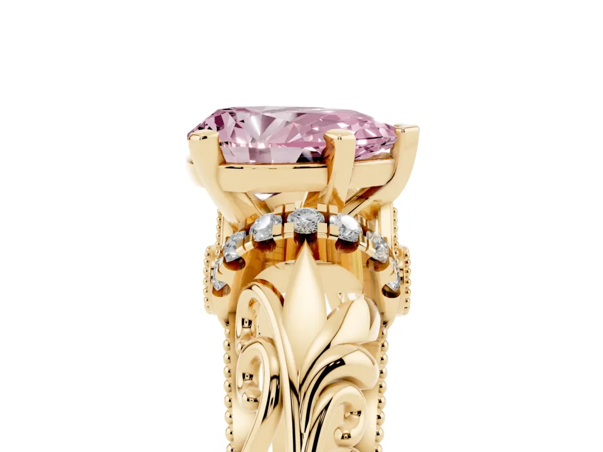 Fancy Pink Pear Cut Solitaire Filigree Engagement Ring with Halo and Prong Setting Yellow gold