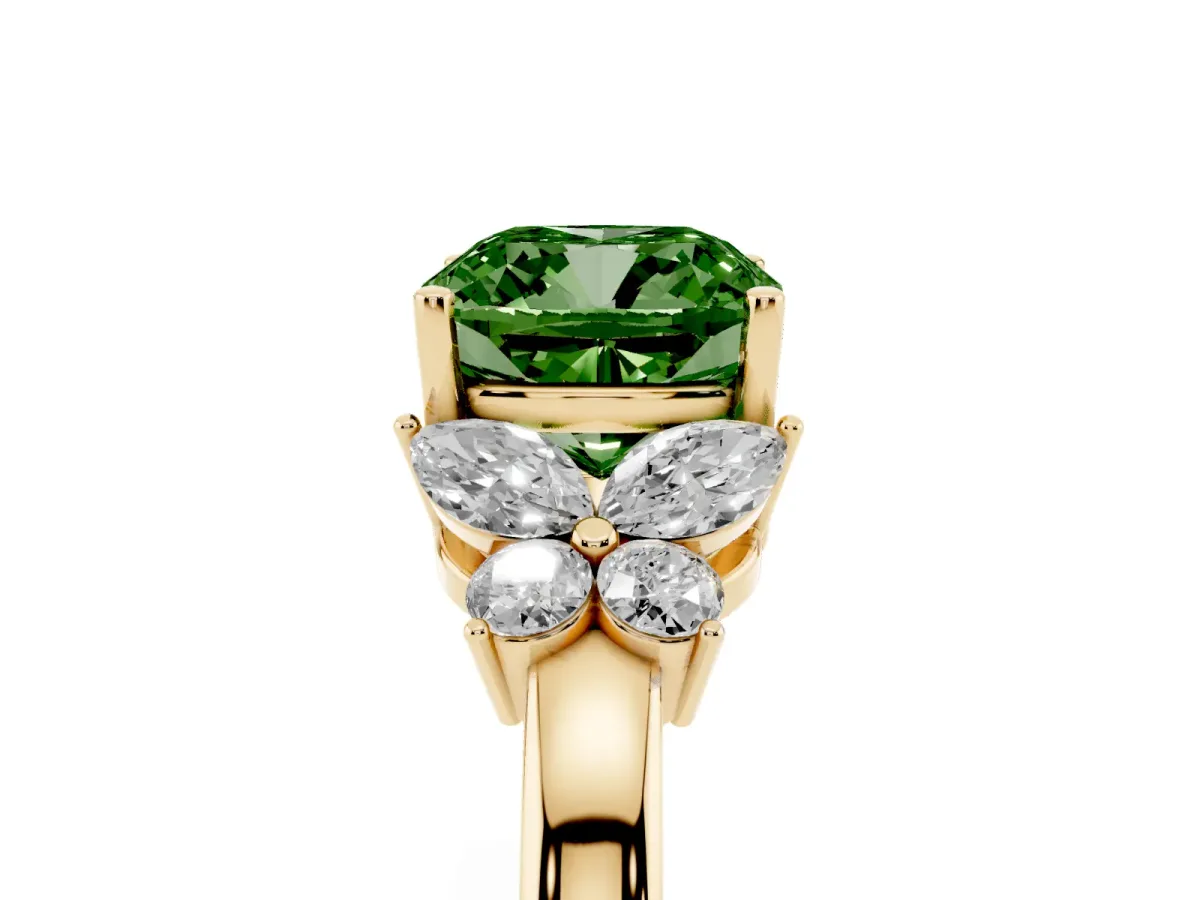 Fancy Green Cushion Cut Cut Solitaire Floral Diamond Ring with Four-Prong Setting Yellow gold