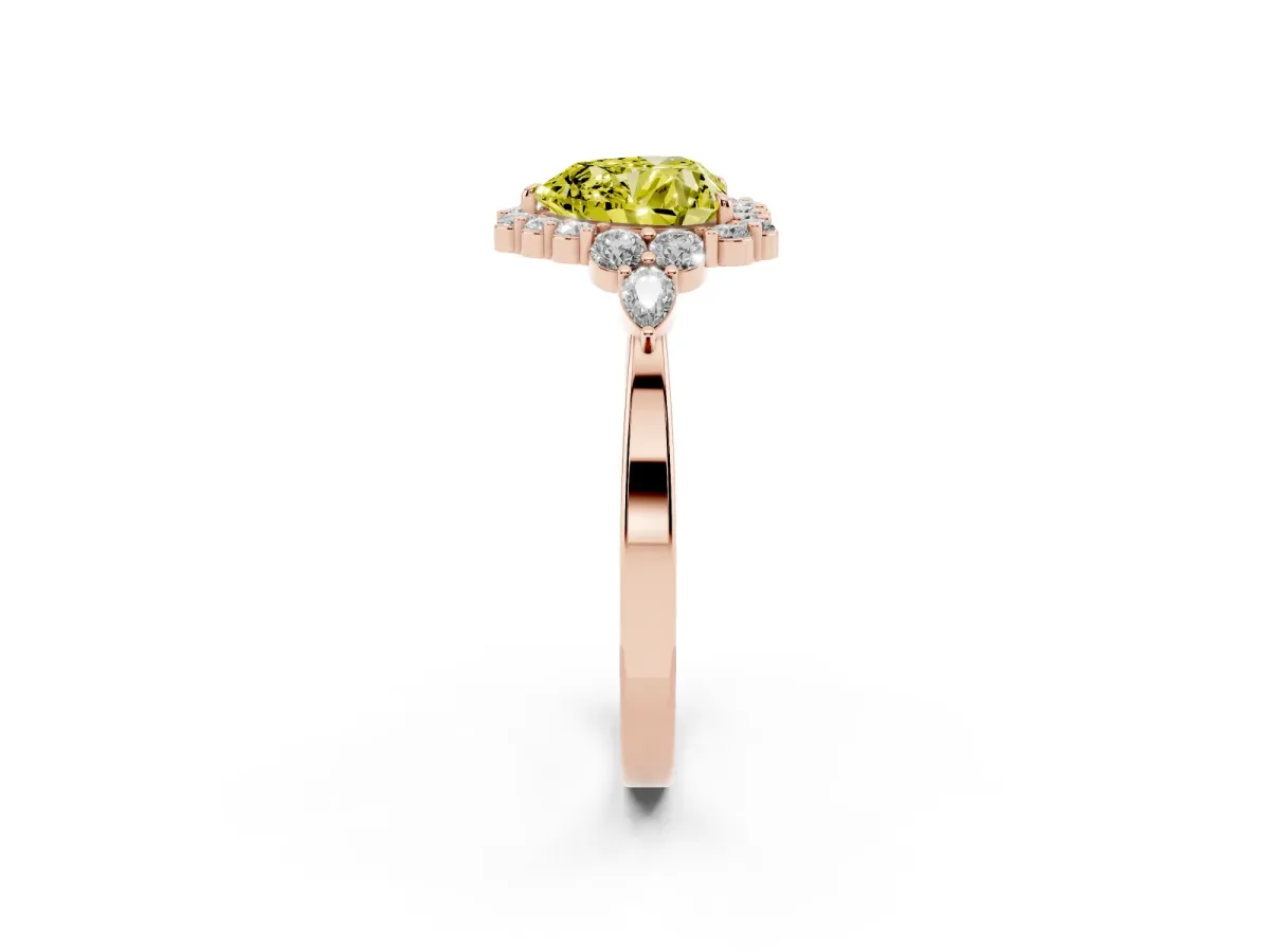 Fancy Yellow Heart Cut Diamond Halo Ring with Pear Side Stones and Prong Setting Rose gold