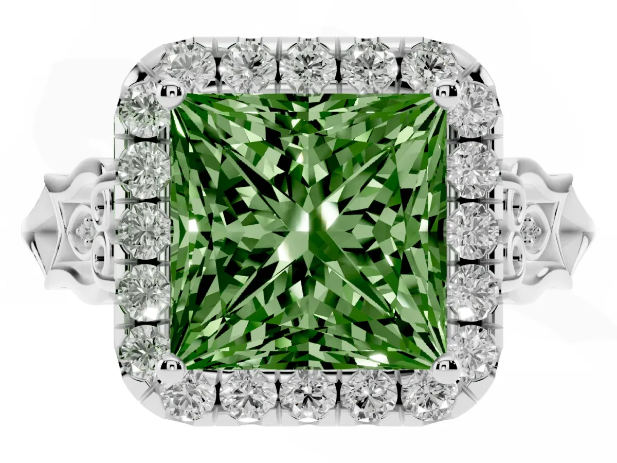 Fancy Green Princess Cut Halo Diamond Engagement Ring with Filigree Band and Four-Prong Setting Platinum