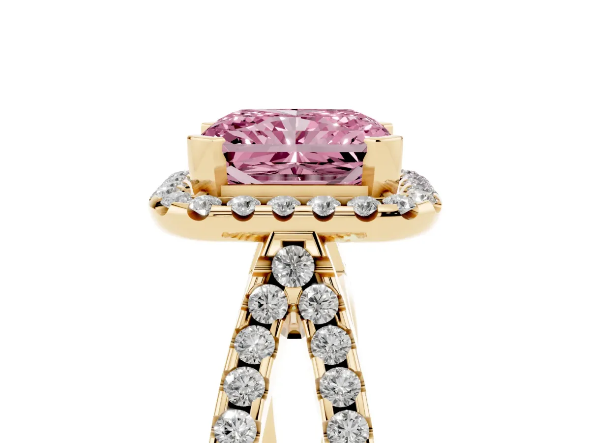 Fancy Pink Radiant Cut Diamond Halo Ring with Split Shank Pavé Band and Prong Setting Yellow gold