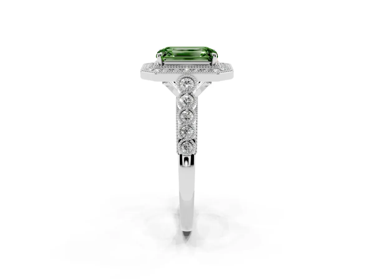 Fancy Green Emerald Cut Halo Milgrain Solitaire with Bezel Set Side Stones and Pave Band Silver