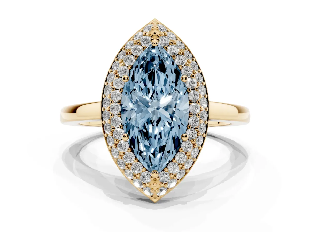 Fancy Blue Marquise Cut Halo Diamond Engagement Ring with Solitaire Band and Four-Prong Setting Yellow gold