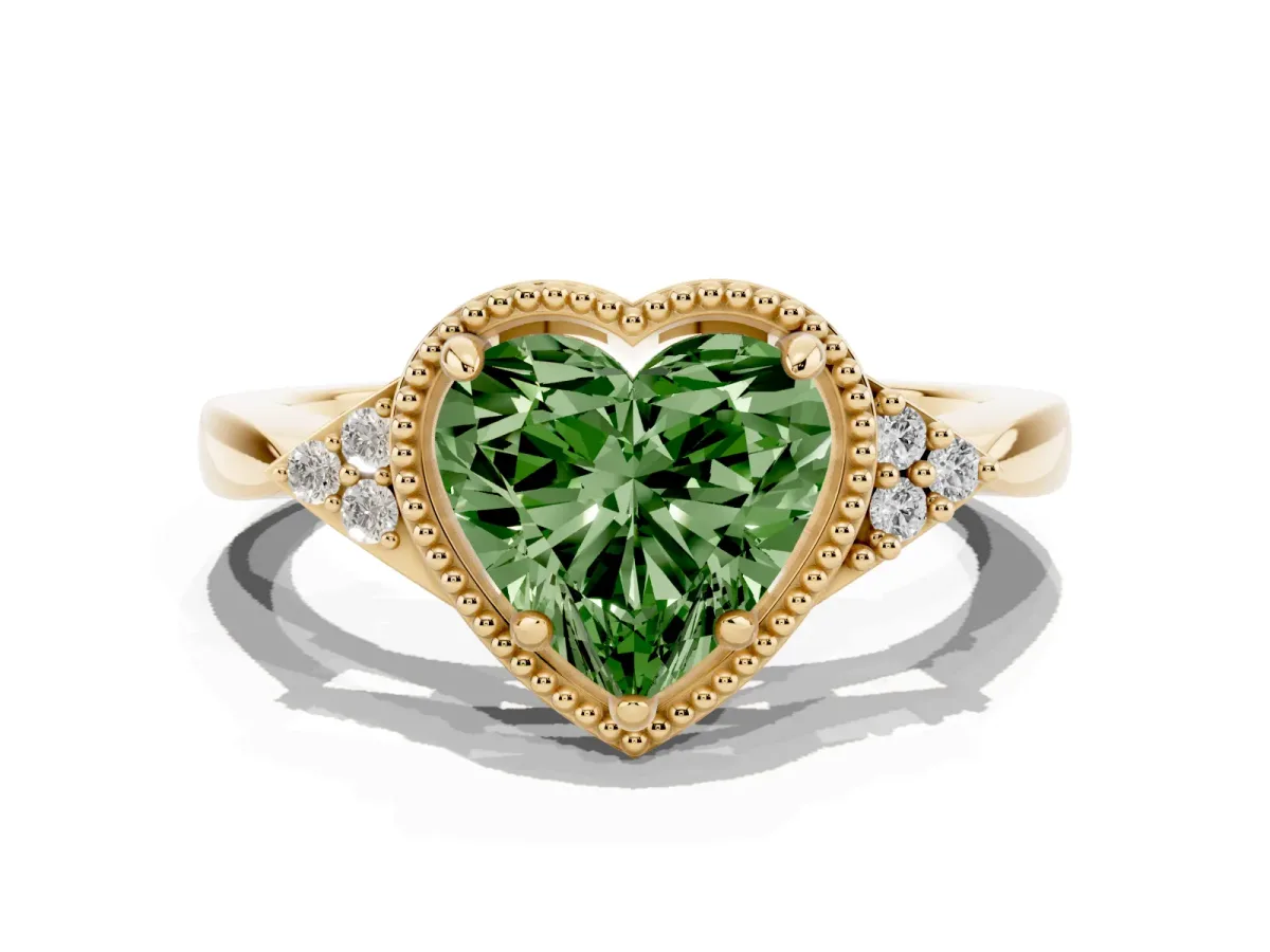 Fancy Green Hexagonal Halo Heart Cut Diamond Solitaire with Pavé Band and Four-Prong Setting Yellow gold