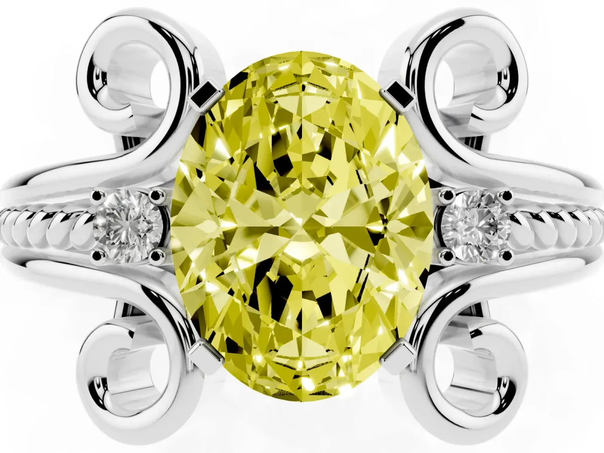Fancy Yellow Oval Cut Solitaire Twisted Band Scroll Prong Ring Platinum