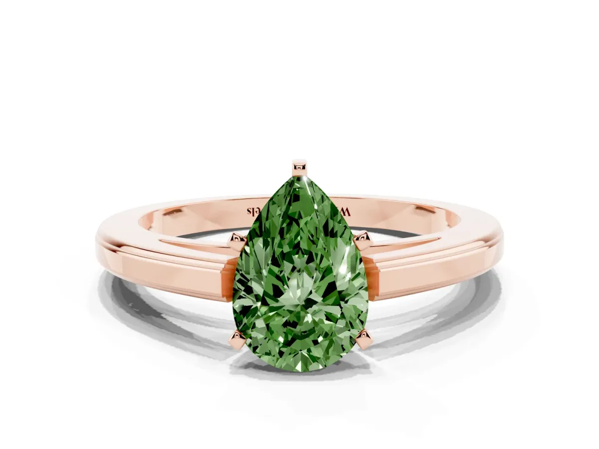 Fancy Green Pear Cut Solitaire Diamond Ring with Four-Prong Setting and Classic Band Rose gold