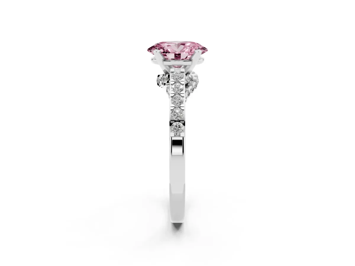 Fancy Pink Oval Cut Diamond Solitaire Ring with Crossover Gallery and Round Pavé Band Platinum