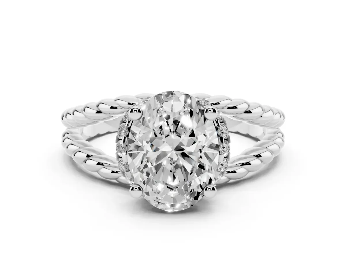 Oval Cut Halo Twisted Band Four-Prong Ring Silver