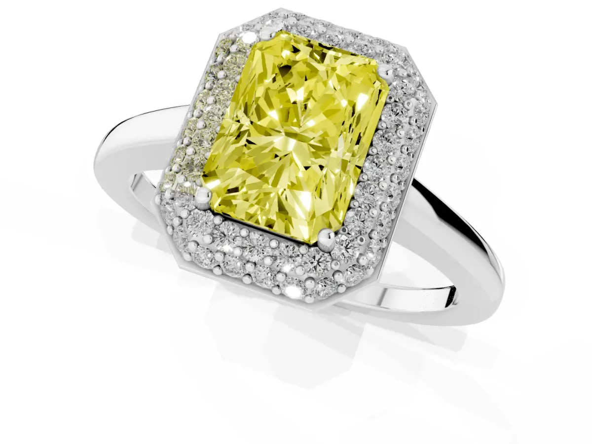 Fancy Yellow Radiant Cut Halo Diamond Engagement Ring with Solitaire Band and Four-Prong Setting Silver