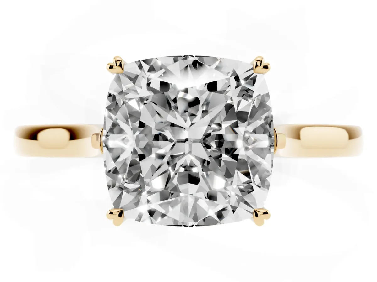 Cushion Cut Solitaire Heart Prong Engagement Ring with Tapered Band Yellow gold