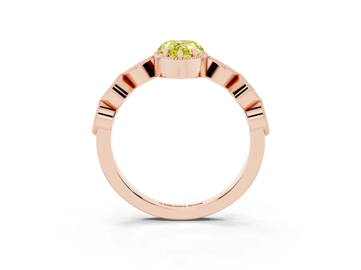 Fancy Yellow Pear Cut Diamond Vintage Milgrain Ring with Round Stations Rose gold