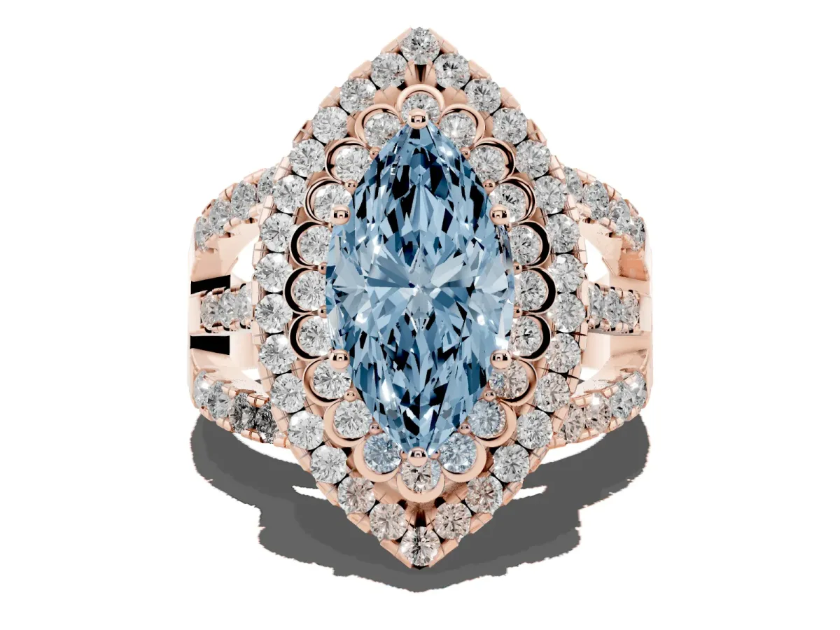 Fancy Blue Marquise Cut Diamond Double Halo Ring with Round Pavé Split Shank and Prong Setting Rose gold