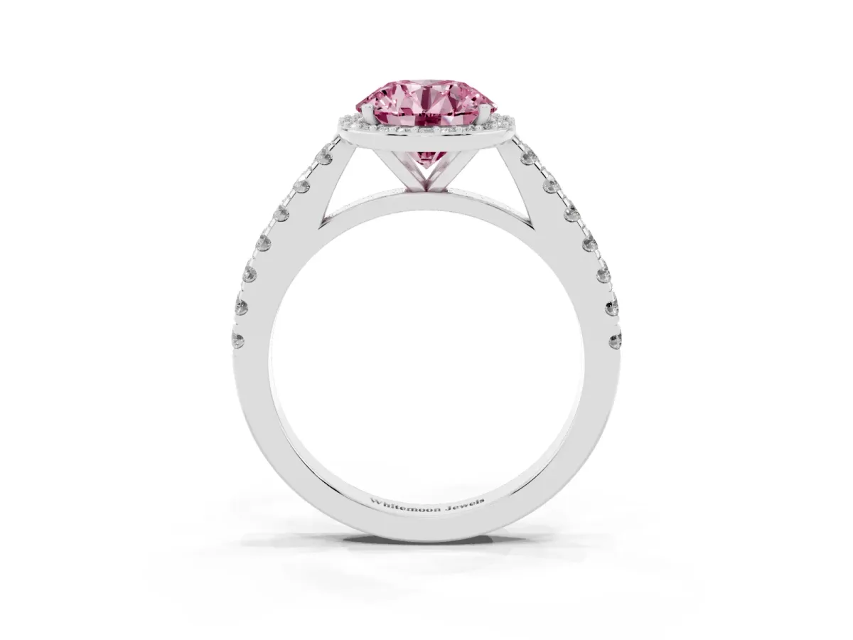 Fancy Pink Round Cut Cut Halo Diamond Engagement Ring with Pave Band and Four-Prong Setting Platinum