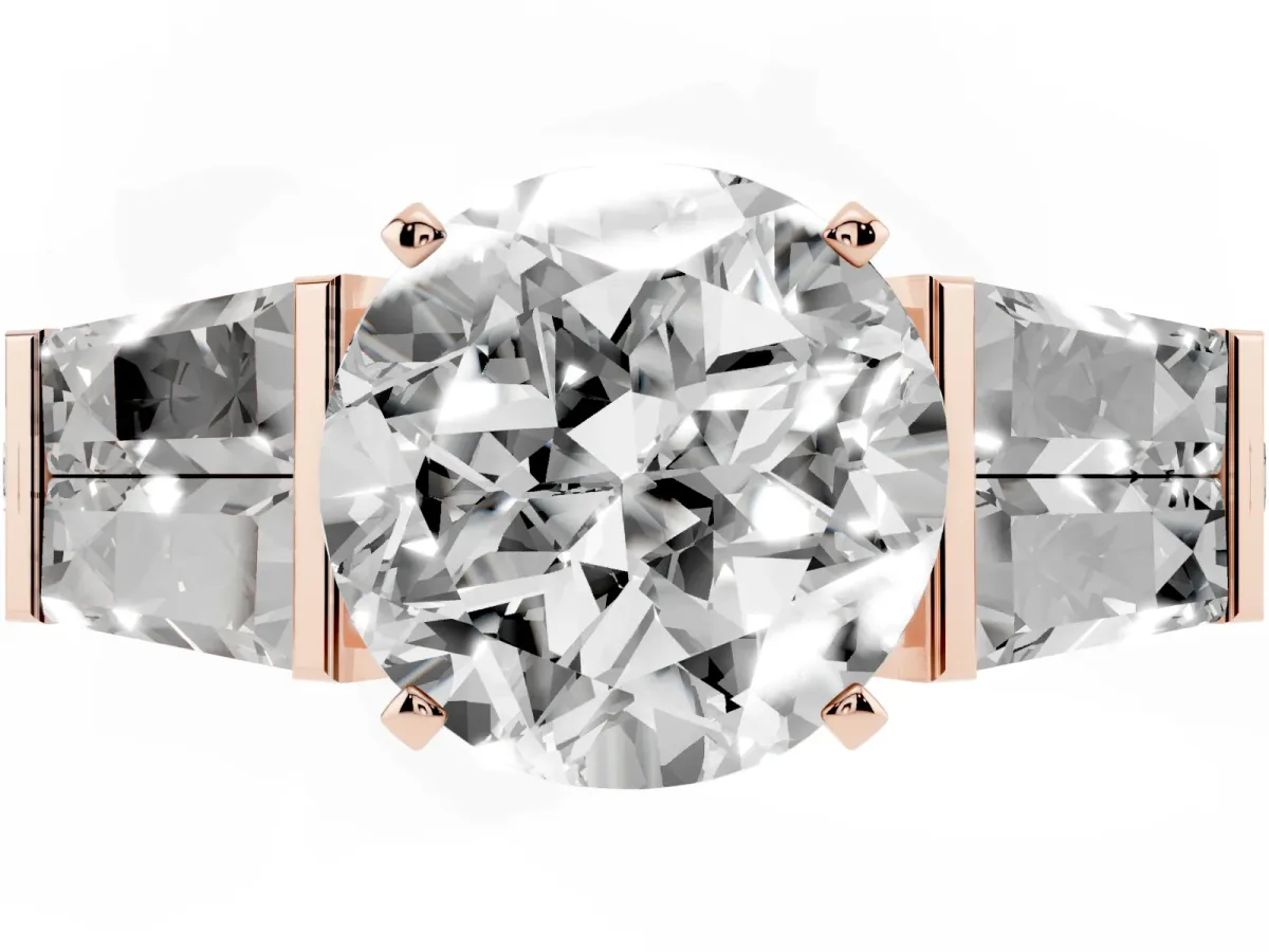 Round Cut Diamond Engagement Ring with Baguette Side Stones and Channel Set Band Rose gold