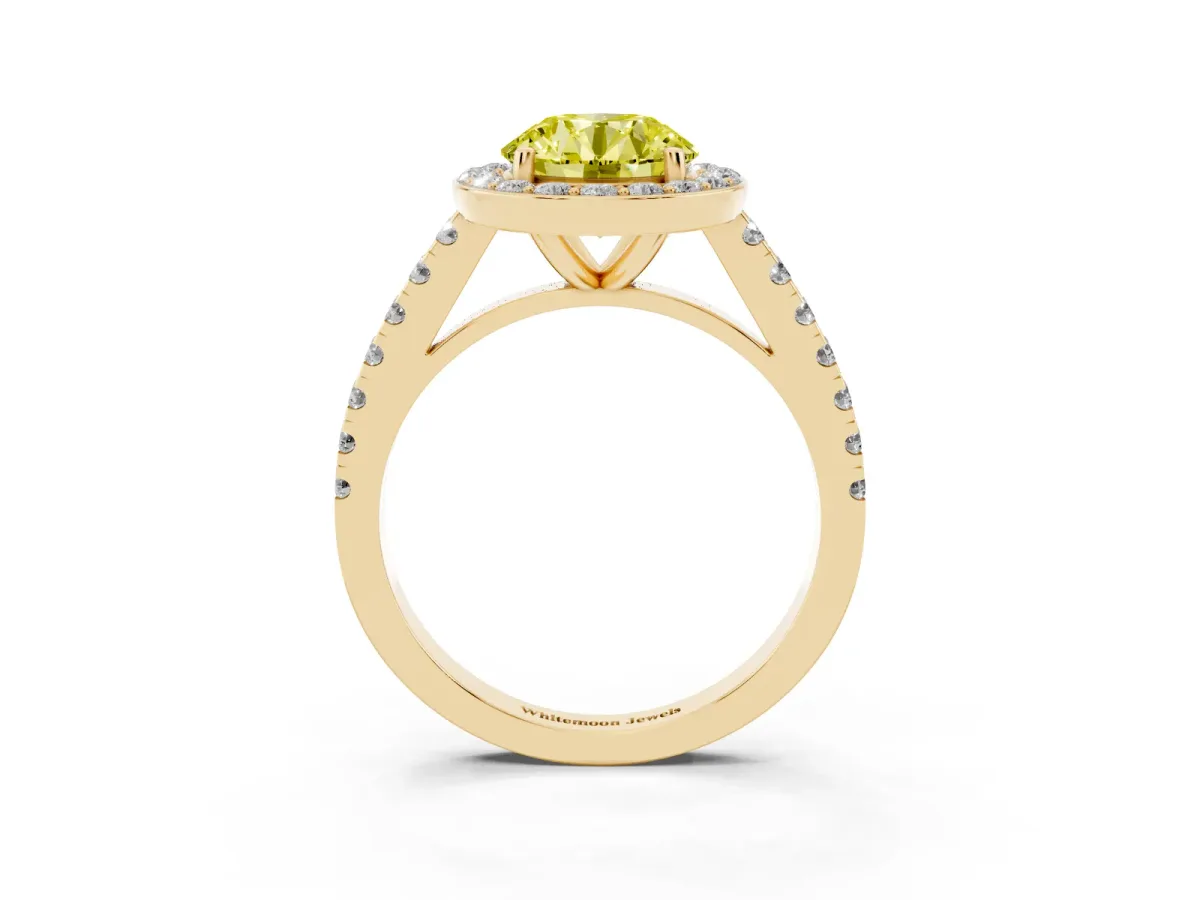 Fancy Yellow Round Cut Diamond Halo Ring with Round Pavé Split Shank and Prong Setting Yellow gold