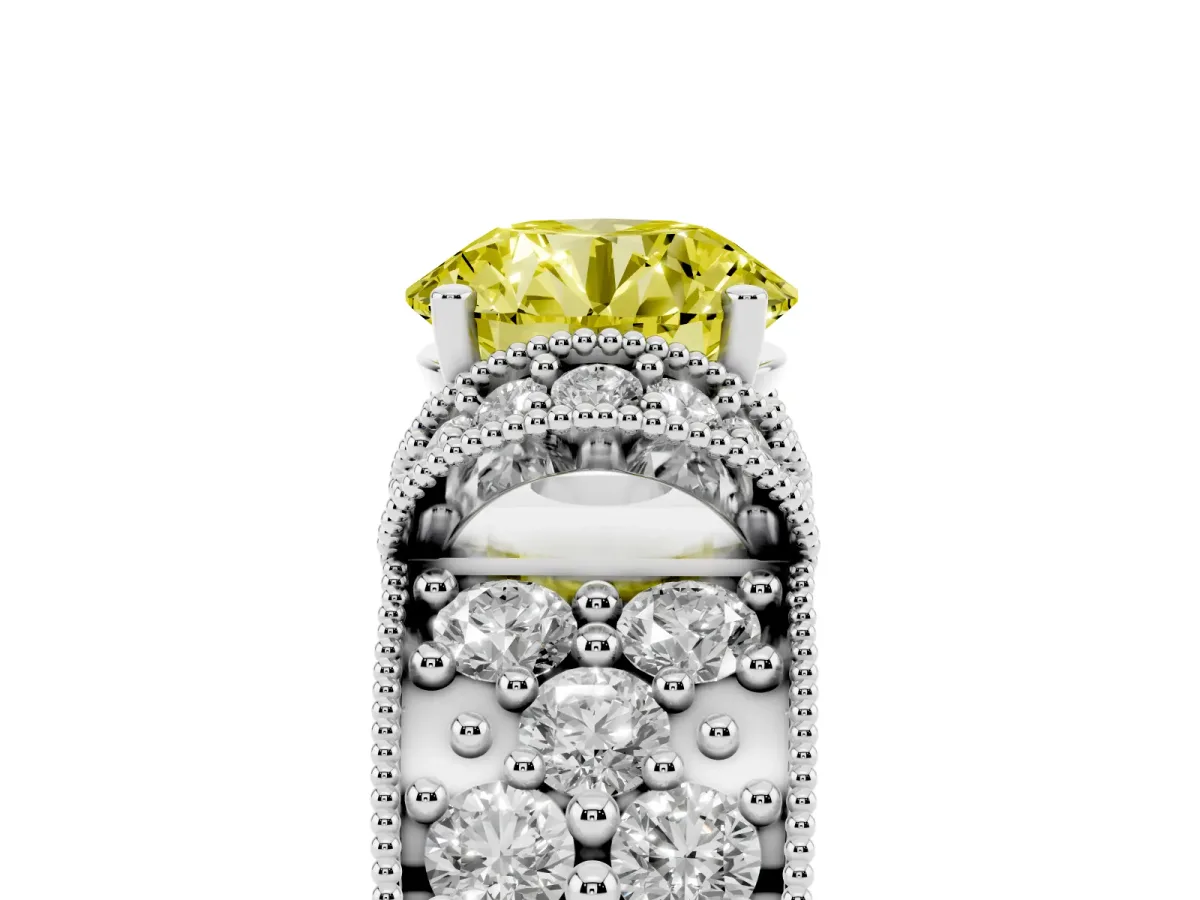 Fancy Yellow Round Cut Halo Pave Diamond Engagement Ring with Milgrain Detailing Silver