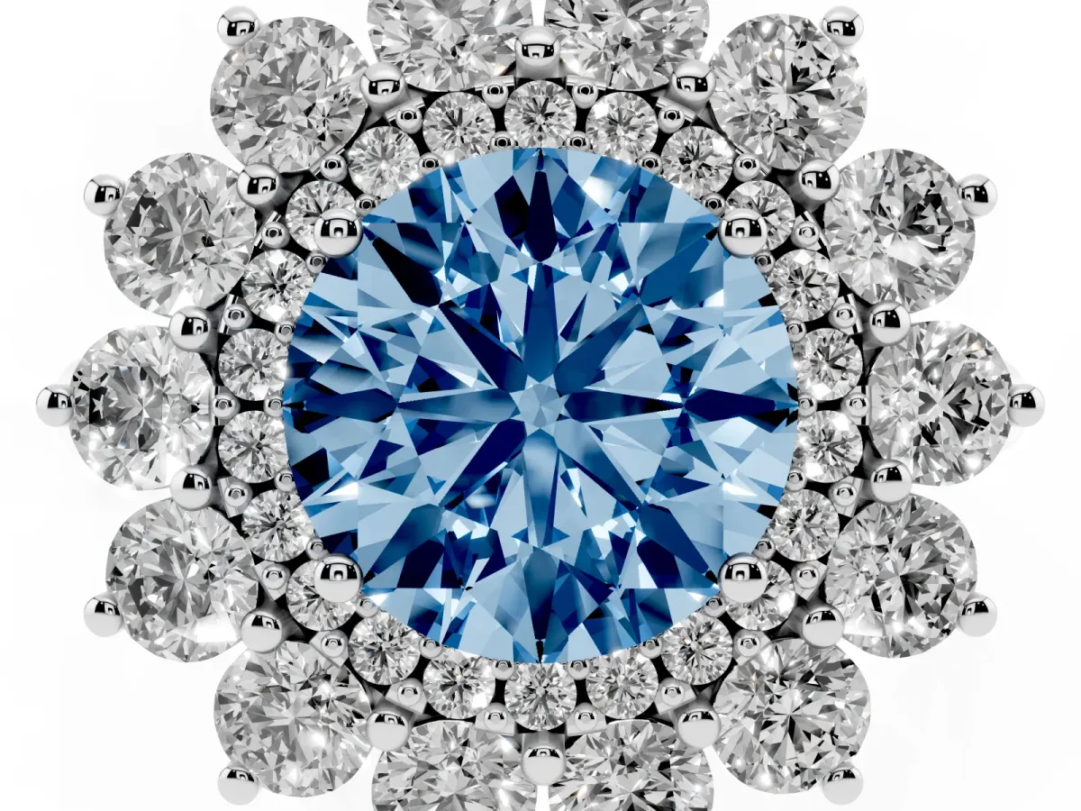 Fancy Blue Round Cut Diamond Floral Double Halo Engagement Ring with Prong Setting Silver