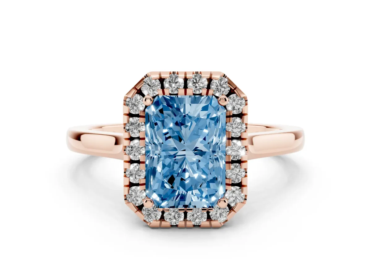 Fancy Blue Radiant Cut Halo Round Diamond Solitaire Ring with Pavé Band and Four-Prong Setting Rose gold