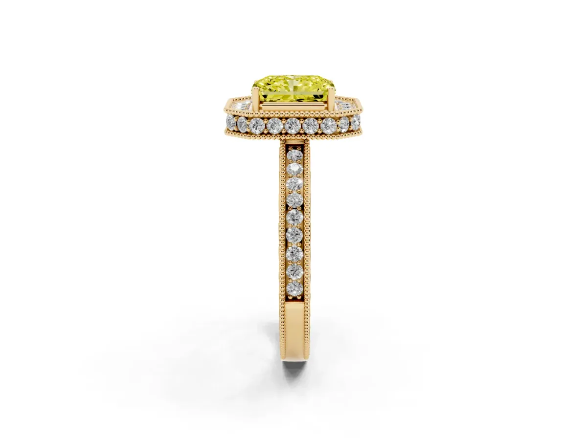 Fancy Yellow Radiant Cut Diamond Milgrain Halo Engagement Ring with Round Pavé Band and Prong Setting Yellow gold