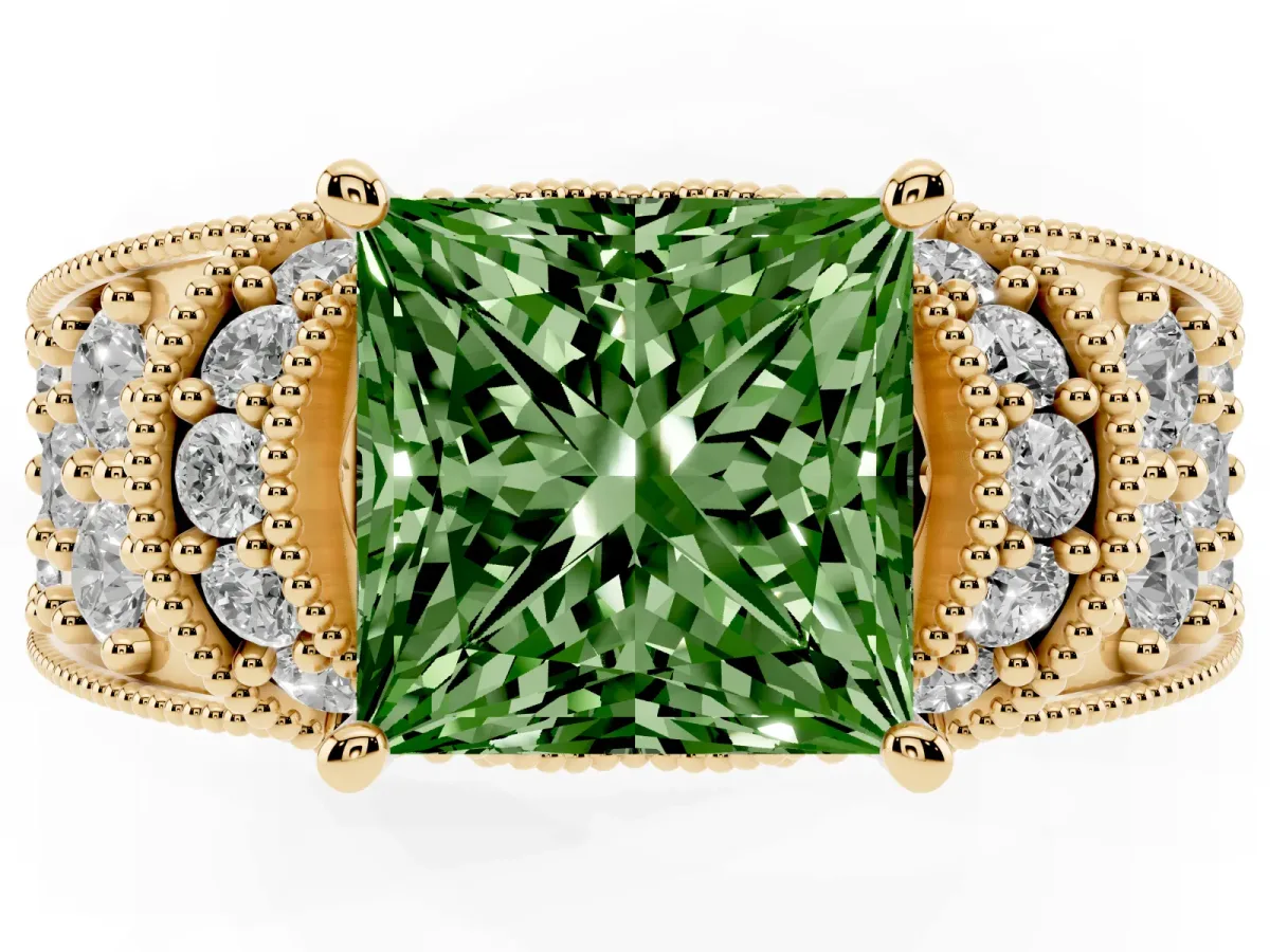 Fancy Green Princess Cut Halo Pave Diamond Engagement Ring with Milgrain Detailing Yellow gold