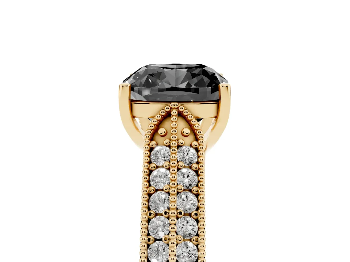 Fancy Black Cushion Cut Cut Pave Split Shank Engagement Ring with Four-Prong Setting Yellow gold