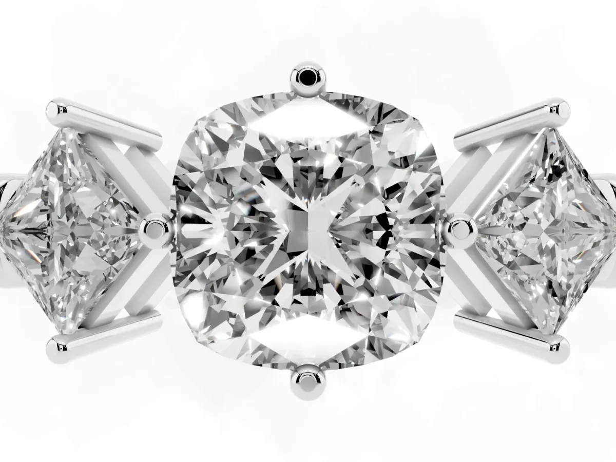 Three-Stone Cushion Cut and Princess Cut Diamond Ring with Channel Band and Four-Prong Setting White gold