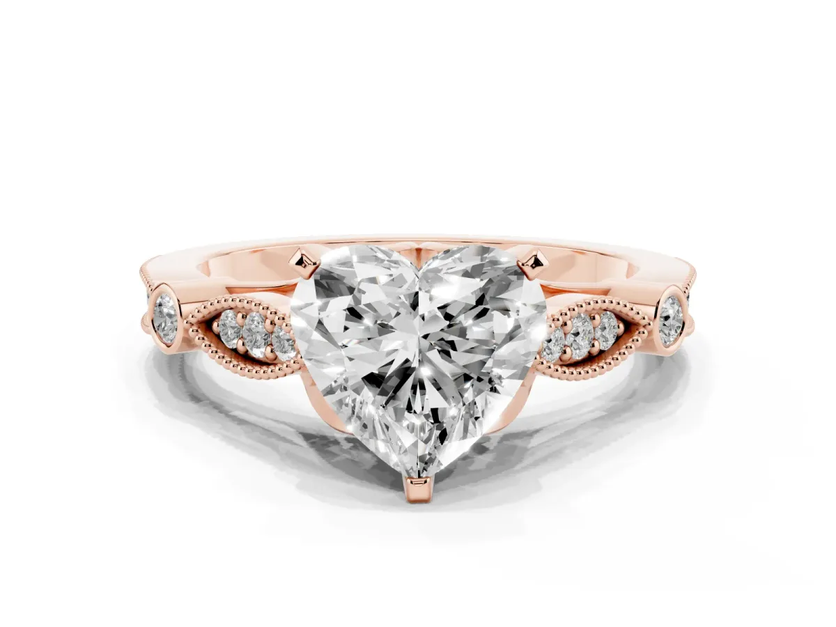 Heart Cut Cut Diamond with Milgrain Marquise and Bezel Accents on a Solitaire Band with Prong Setting Rose gold