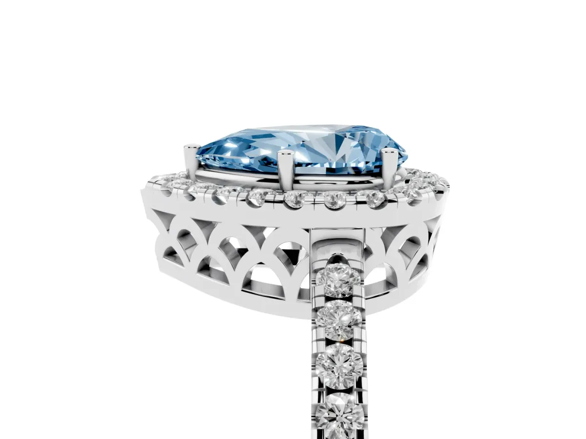 Fancy Blue Pear Cut Halo Diamond Engagement Ring with Pavé Band and Four-Prong Setting Platinum